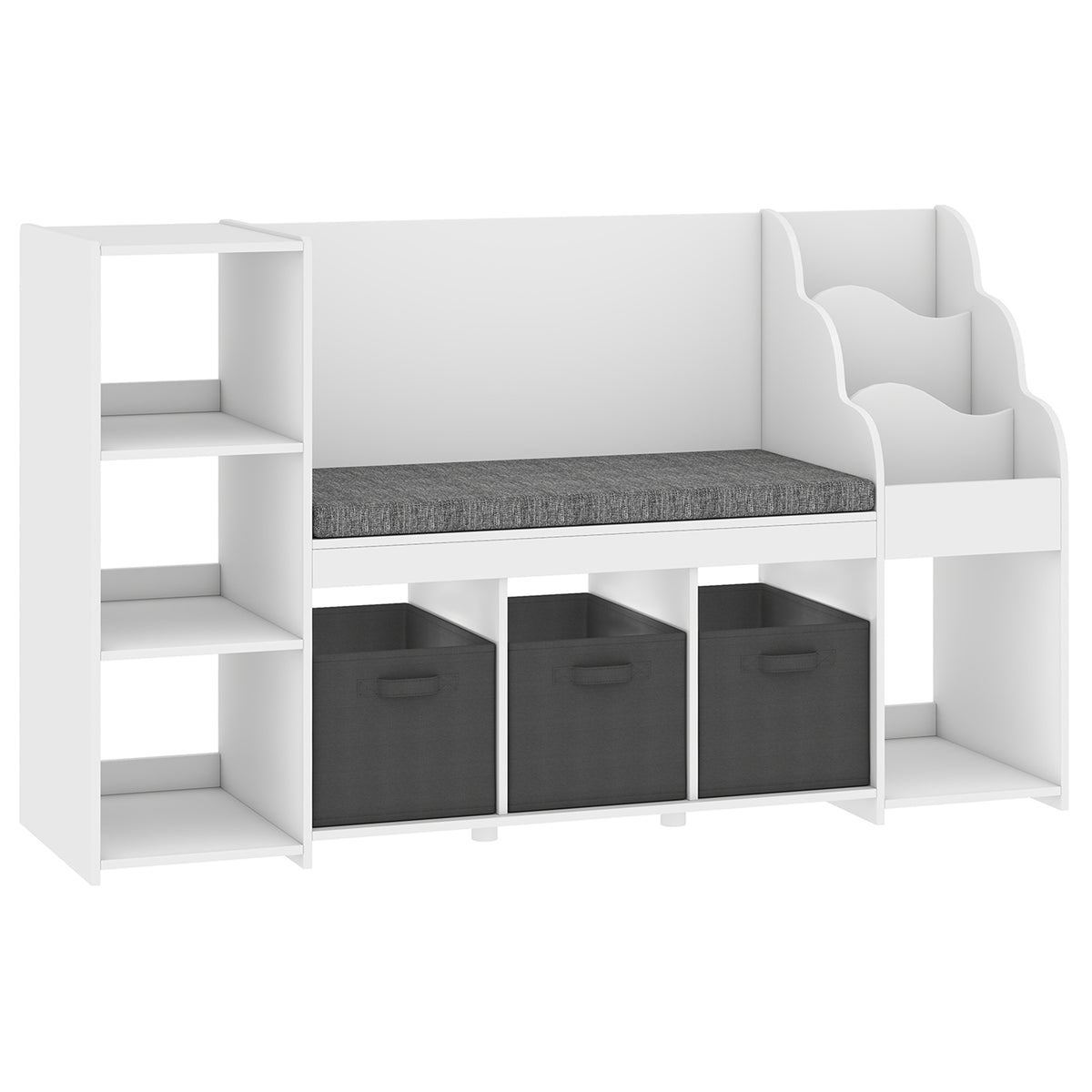AIYAPLAY Toy Storage Rack for Children Ages 3-8 with 3-Tier Bookshelf, 3 Drawers, 4 Compartments, Cushion, White