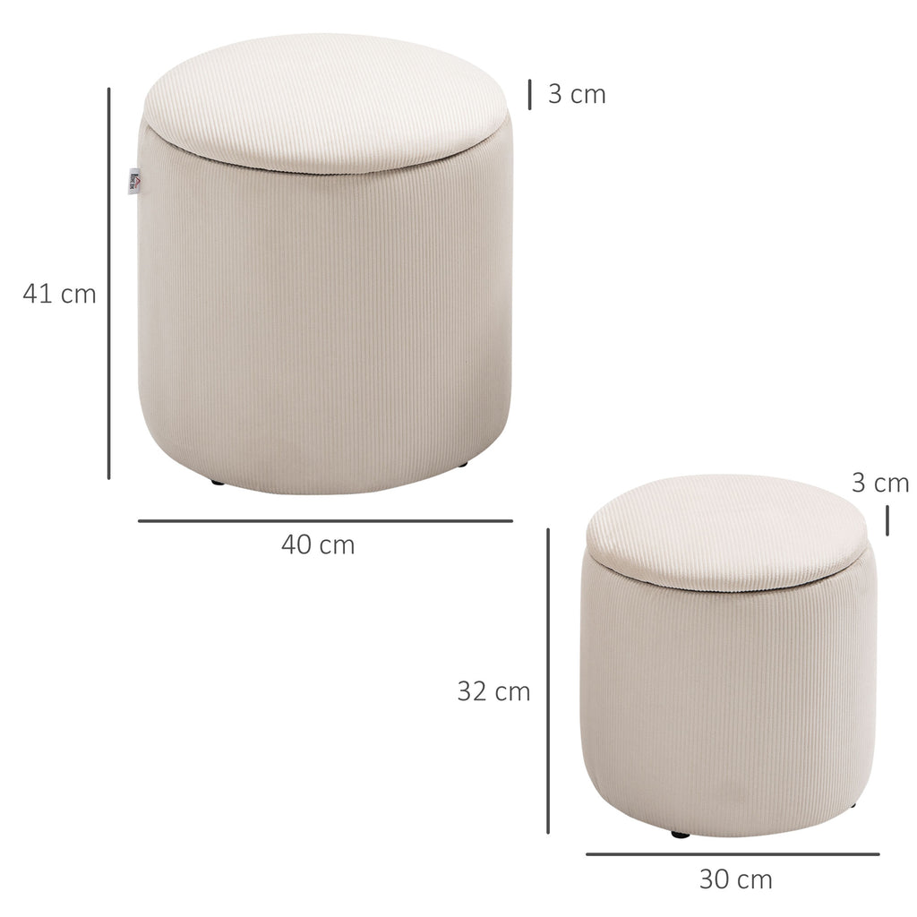 Set of 2 Round Corduroy Storage Ottomans, White