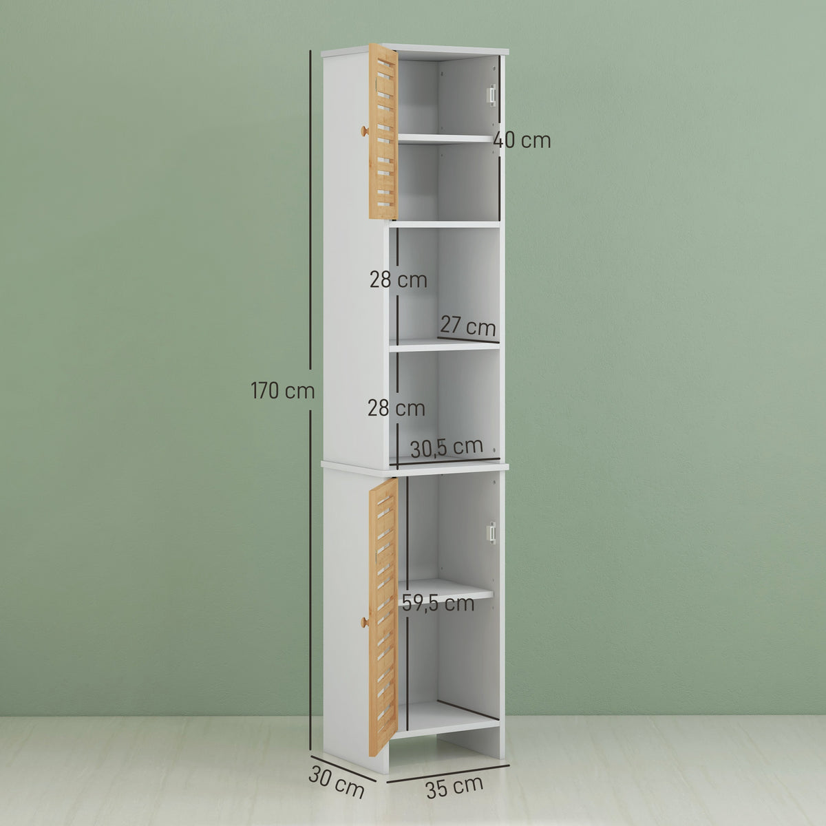 HOMCOM 170cm Tall Bathroom Cabinet with 2 Cabinets and Adjustable Shelves, Open Compartments, for Laundry, White