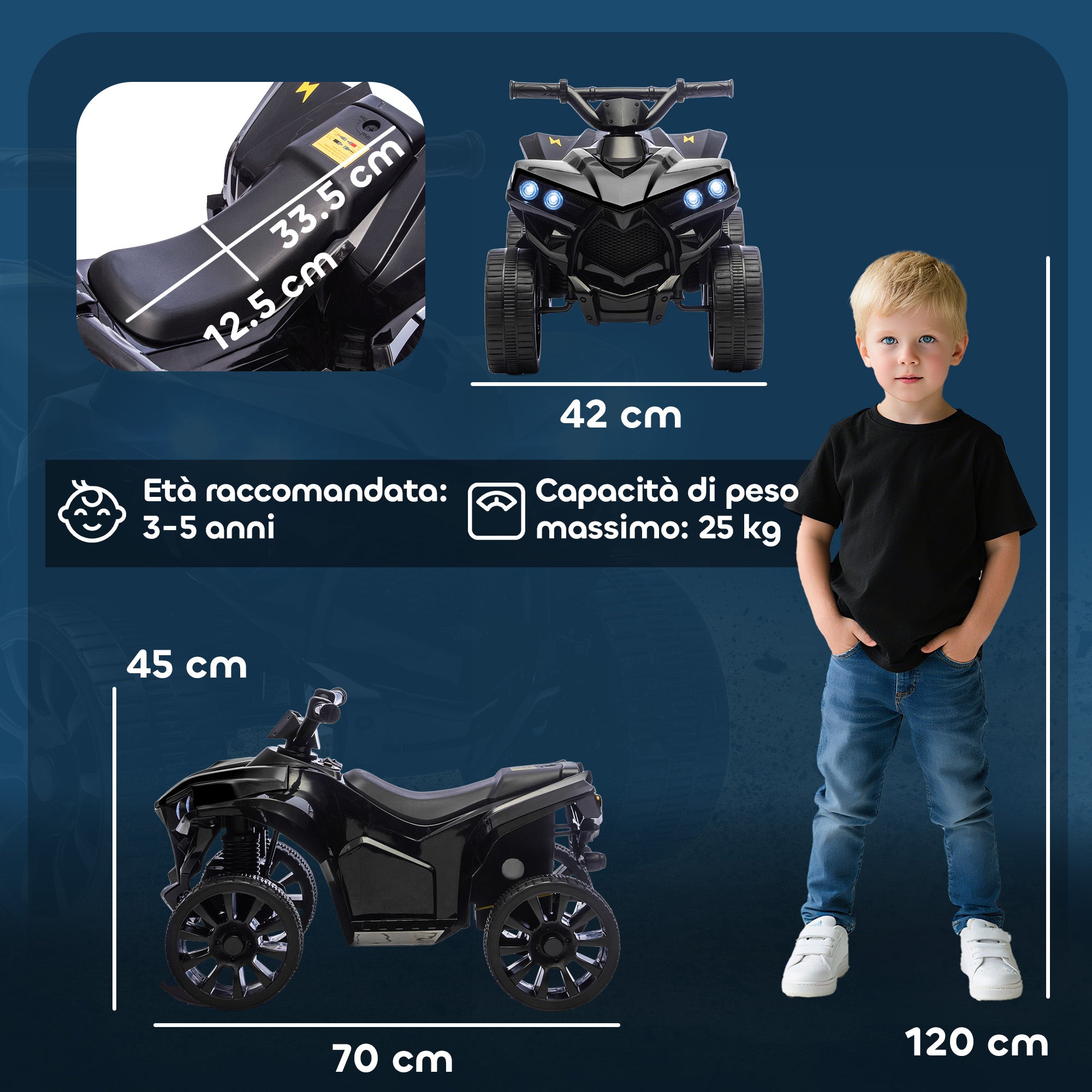 Kids Electric Quad Bike ATV with 6V Rechargeable Battery, LED Headlights and Music, Ages 3-6 Years, Black