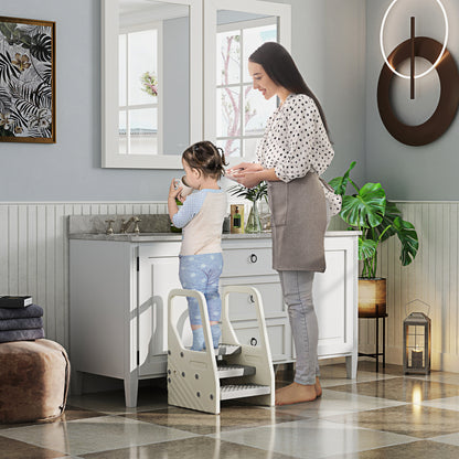 Children's Step Stool 2-5 Years 3 Steps in HDPE, 43x42x65.5 cm, Grey and Cream White