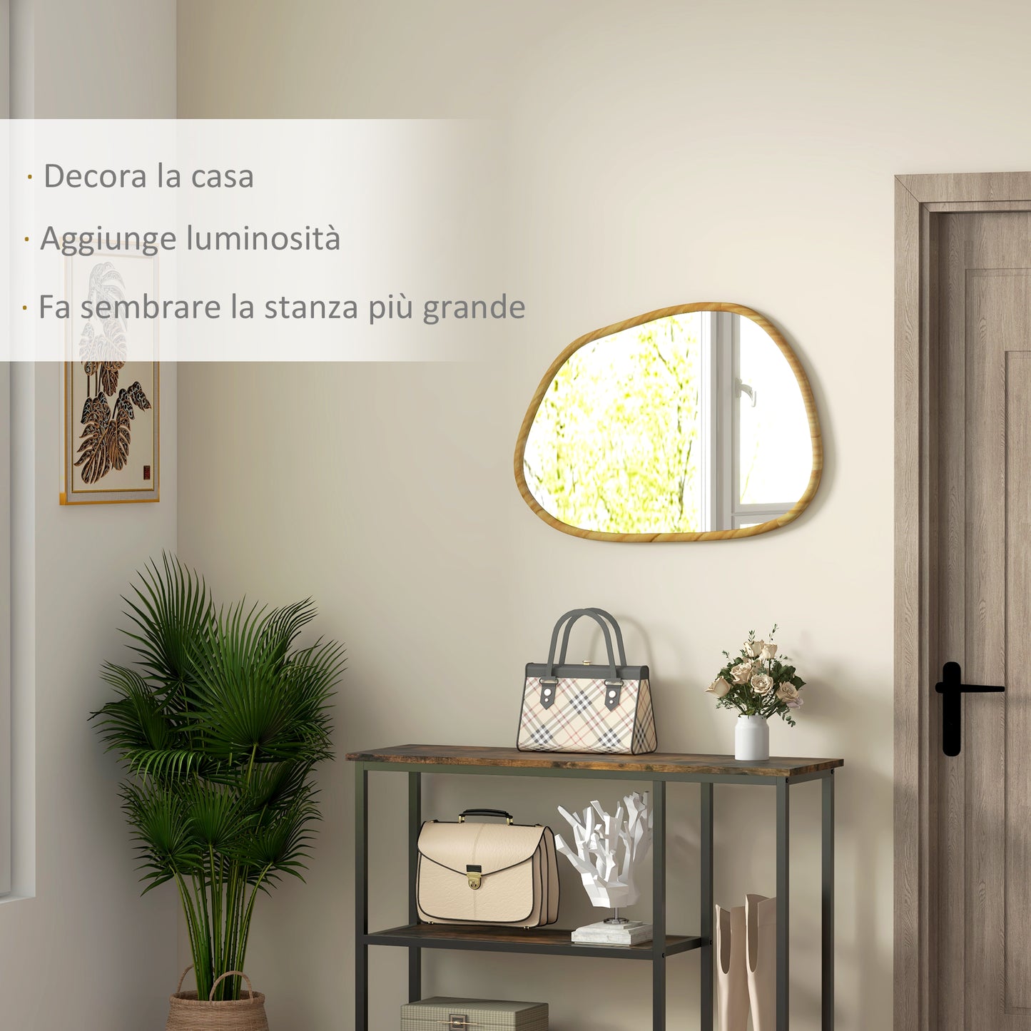 HOMCOM Modern Wall Mirror with Irregular Edges and Wooden Frame for Bedroom and Entrance, 70x50cm - Borgè