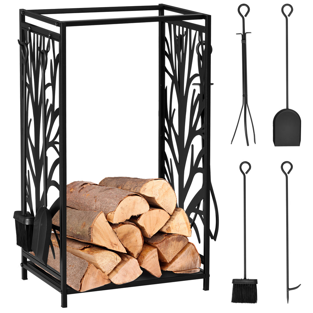 Fireplace Log Holder, Rustproof Steel, Indoor and Outdoor Log Holder with Elegant Design and 4 Tools, 46 x 30 x 70 cm, Black