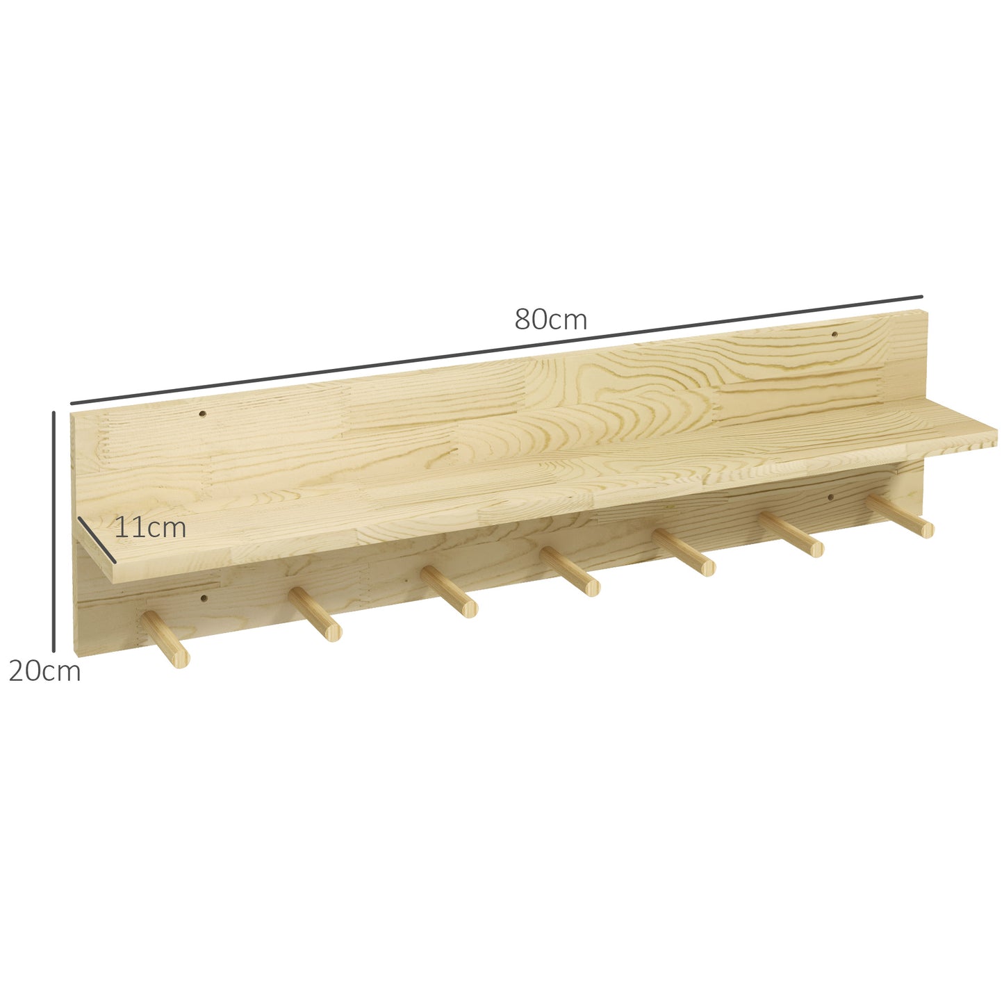 HOMCOM Wall Shelf in Fir Wood with 7 Hooks for Entrance and Living Room, 80x12x20 cm - Borgè