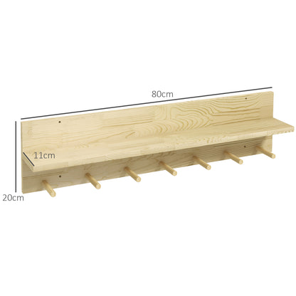 HOMCOM Wall Shelf in Fir Wood with 7 Hooks for Entrance and Living Room, 80x12x20 cm - Borgè