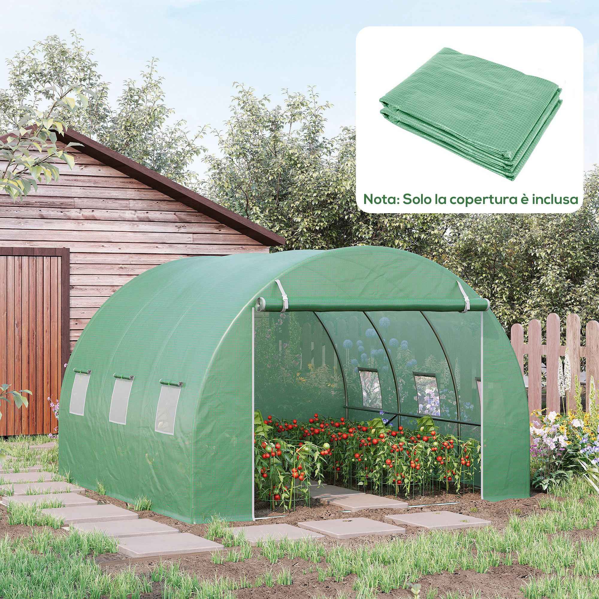 Outsunny PE Greenhouse Cover with 6 Windows, Roll-Up Door and Buried Edges, 3x3x2 m, Green