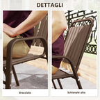 Set of 4 Stackable Outdoor Chairs with High Backrest and Armrests, in Steel and PP, 56x66x91 cm, Dark Brown