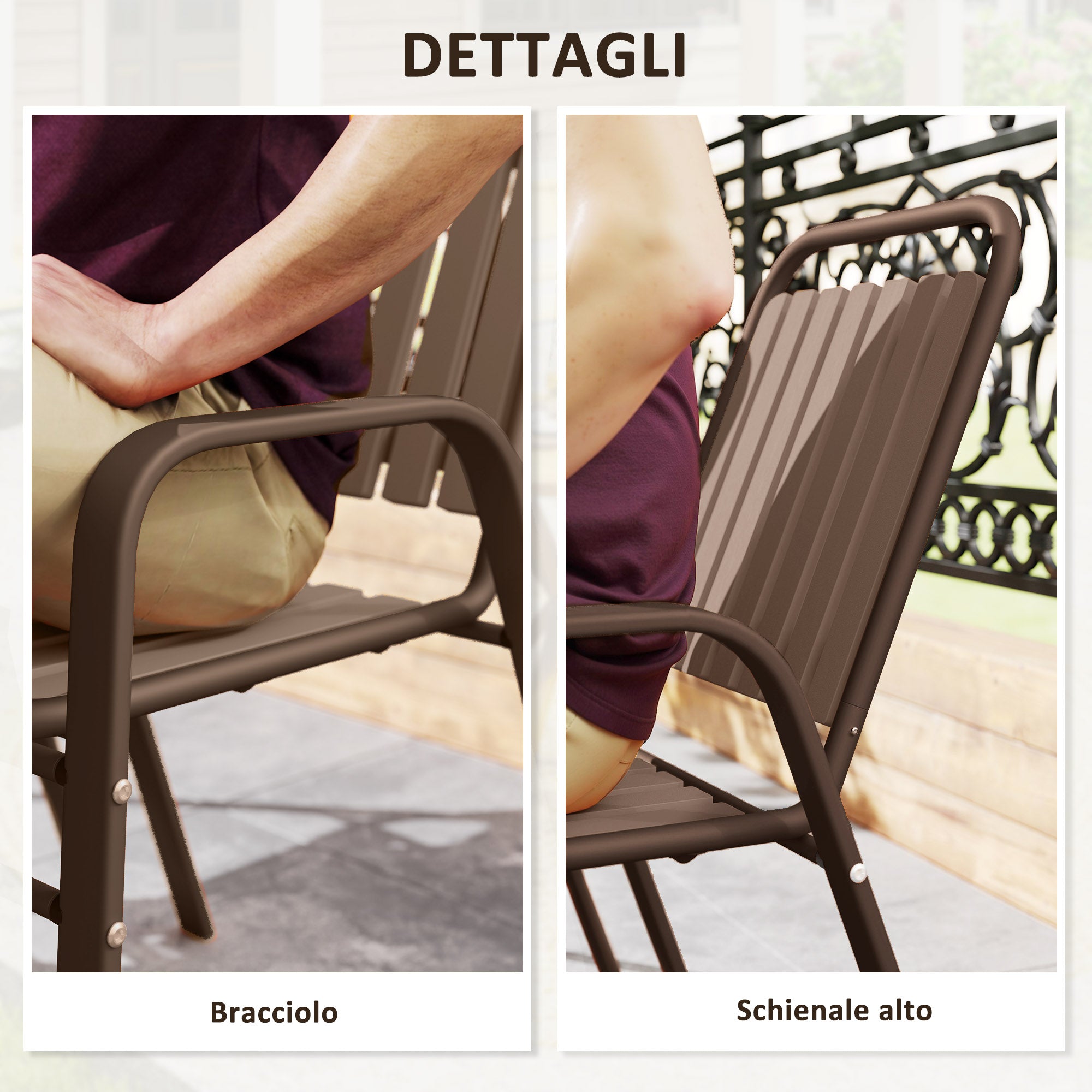 Set of 4 Stackable Outdoor Chairs with High Backrest and Armrests, in Steel and PP, 56x66x91 cm, Dark Brown