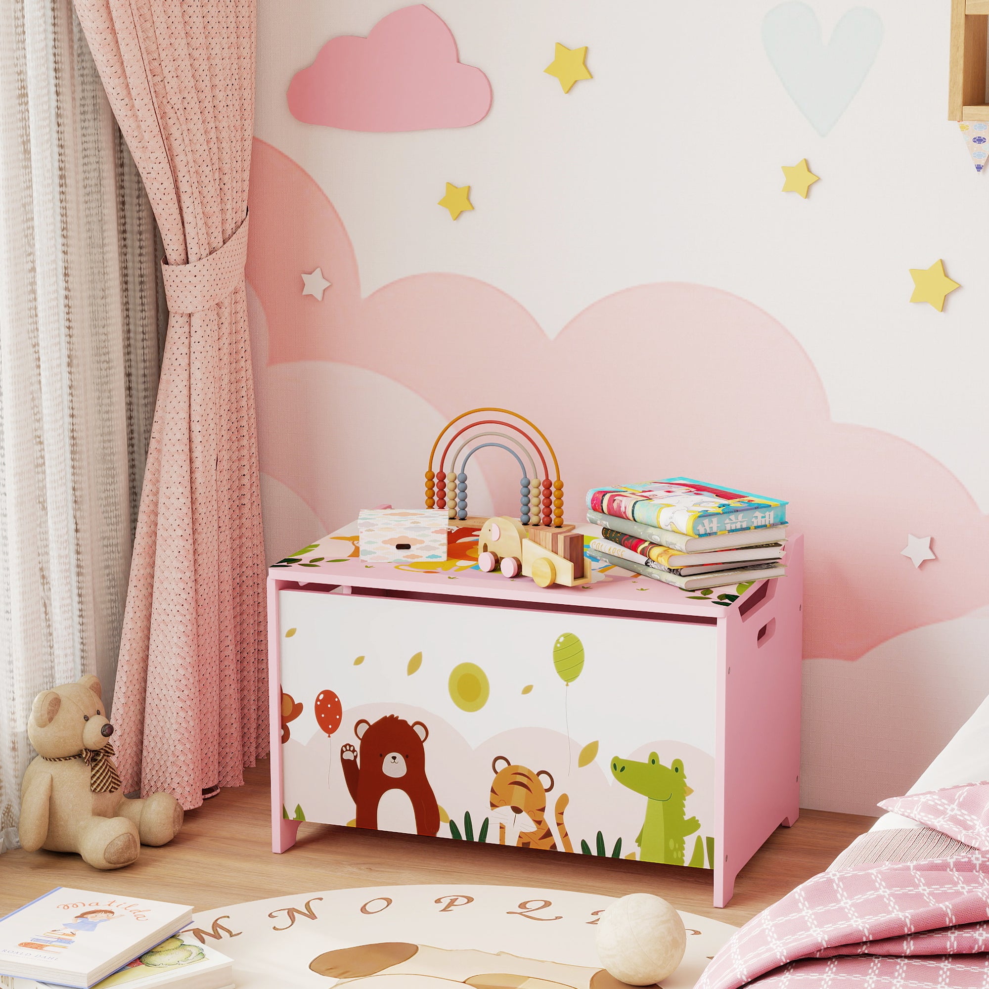 Children's Toy Storage Chest with Safety Hinges, Wooden Animal Design, 60x37x39 cm, Pink