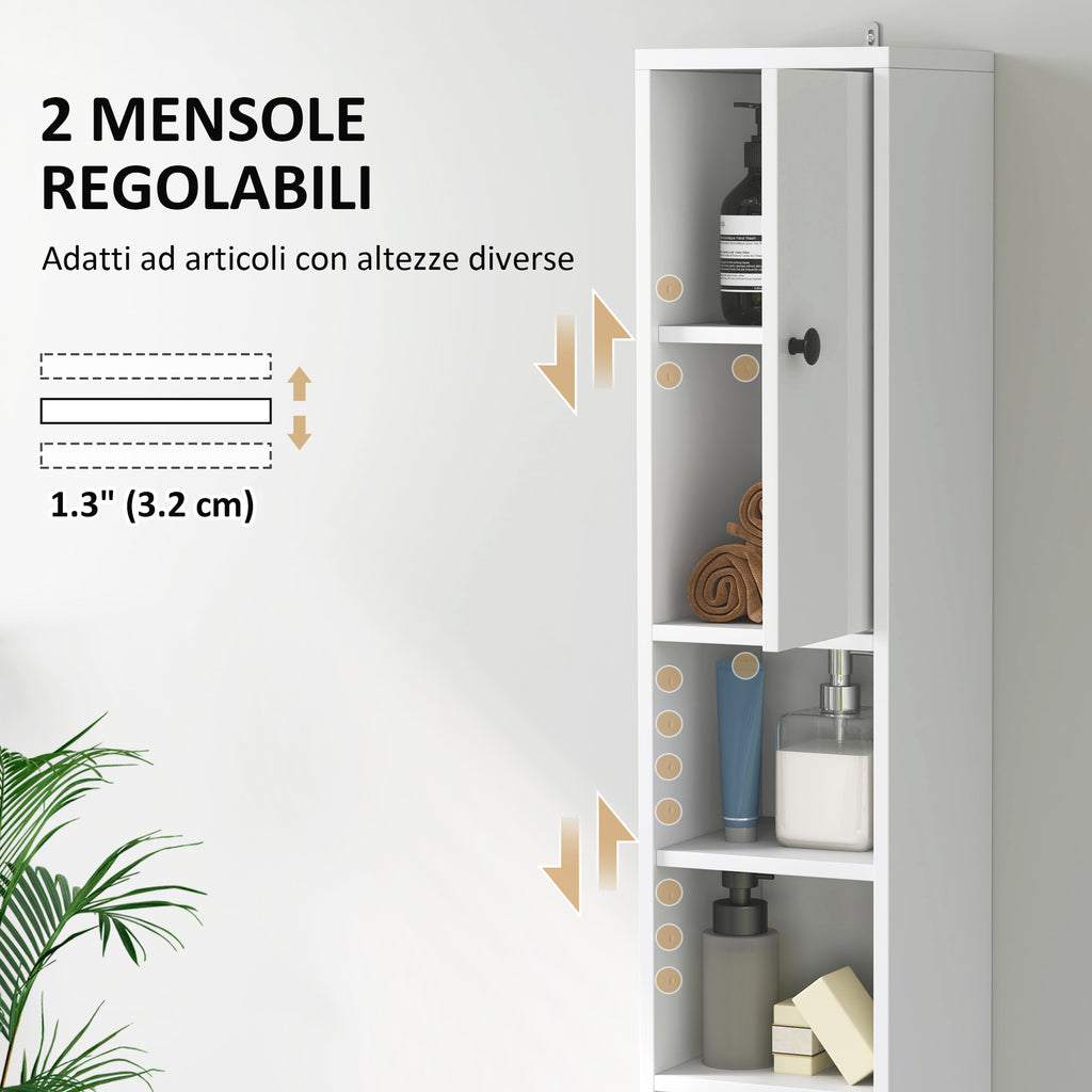 Space-Saving Bathroom Column with 2 Cabinets, 3 Open Shelves and Drawer, in Wood, 20x20x178 cm, White