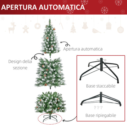 Snowy Christmas Tree 180cm with 630 Branches and 37 Pine Cones, in Plastic and Metal, Green and White