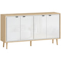 Modern 4-Door Sideboard with Adjustable Shelf, 141x35x77 cm, Gloss White and Oak