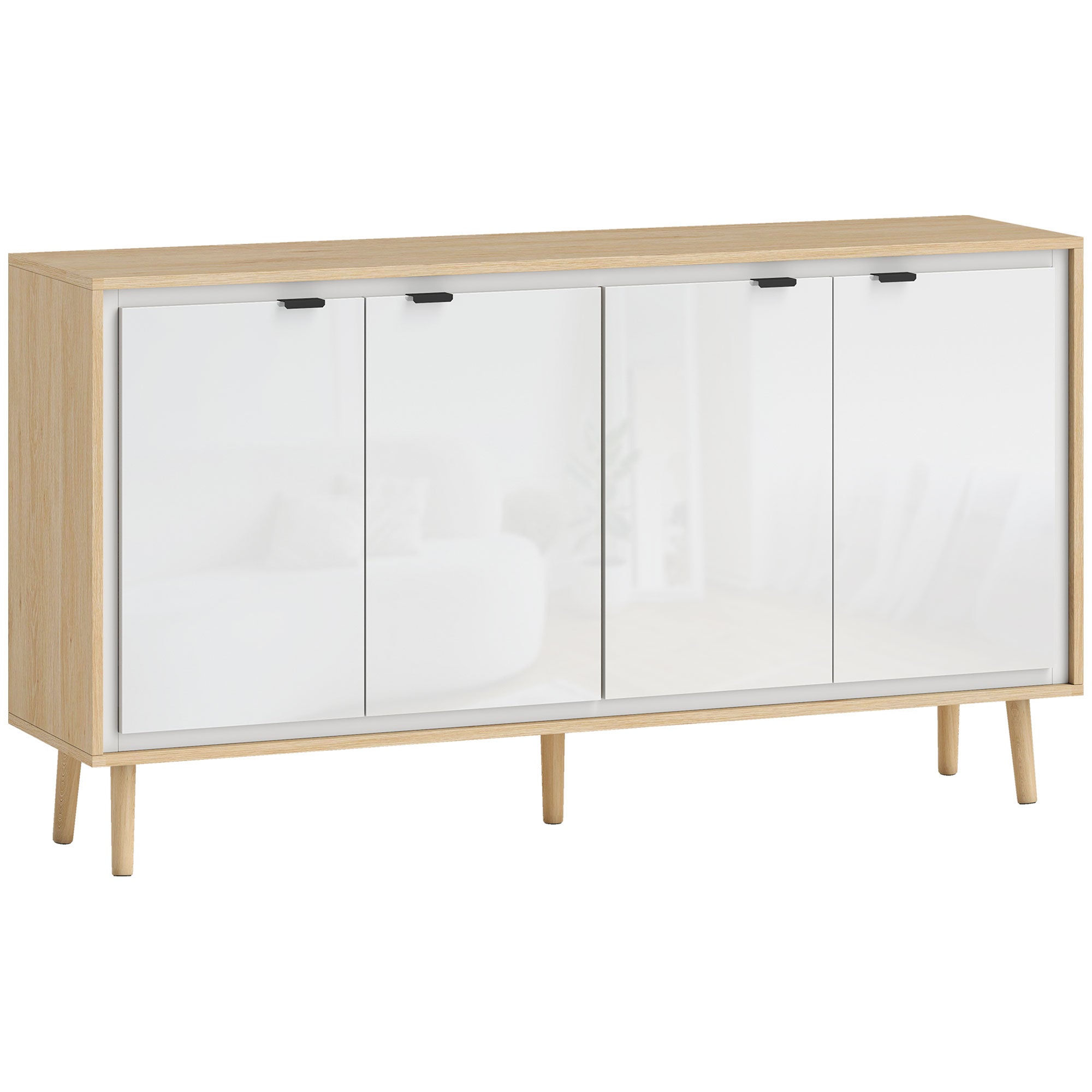 Modern 4-Door Sideboard with Adjustable Shelf, 141x35x77 cm, Gloss White and Oak