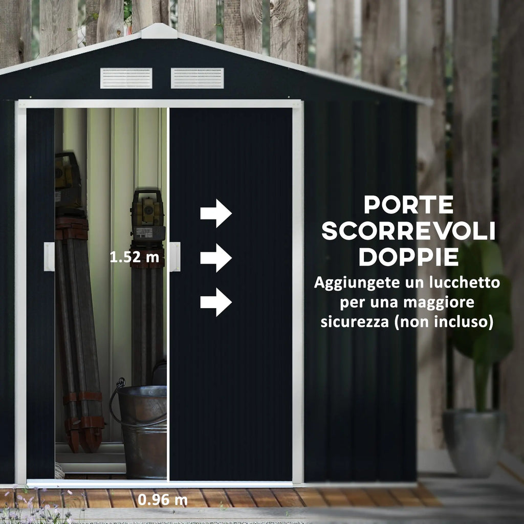 Garden Shed Tool Shed in Sheet Metal with Sliding Doors, 213x130x185cm, Dark Grey - Borge' Group Limited