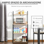 HOMCOM Kitchen Microwave Cabinet with 4 Shelves and 4 Hooks, Steel and Wood, 60x40x125 cm, Wood Color