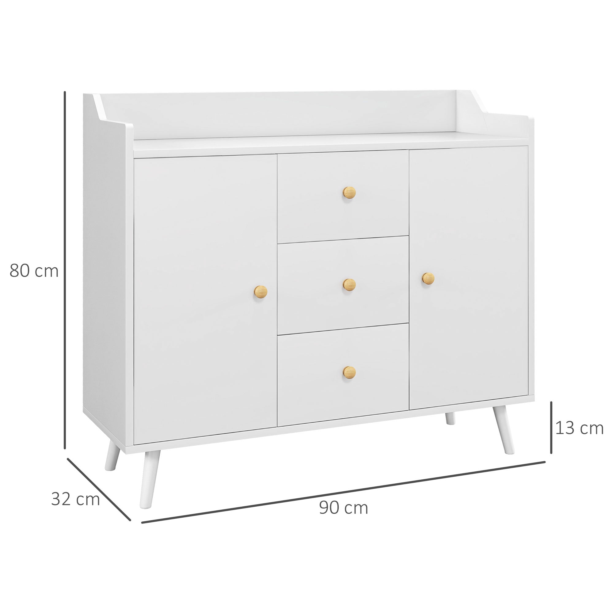 Modern Wooden Sideboard with 3 Drawers and 2 Cabinets on 2 Levels, 90x32x80 cm, White