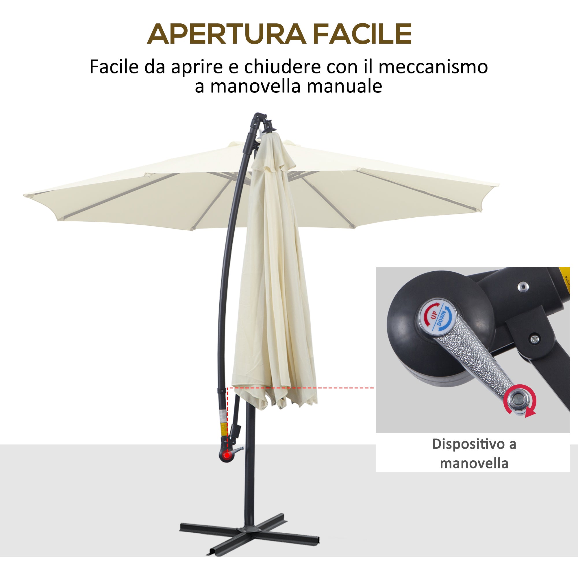 Off-Center Garden Umbrella with Cross Base Included, Metal and Polyester, 3x2.5 m, Beige