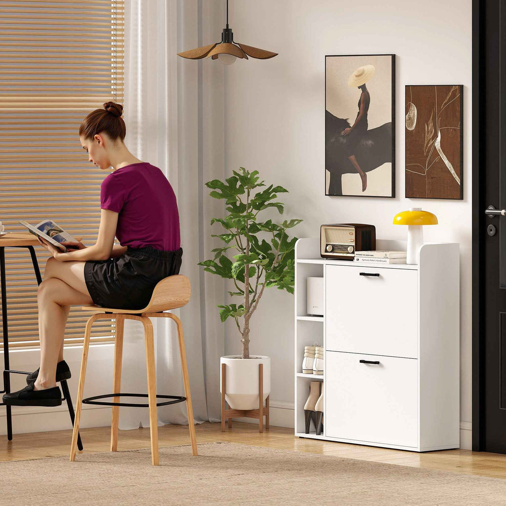 HOMCOM Slim Shoe Rack with 2 Tilting Drawers and 3 Open Compartments, Capacity 15 Shoes, 83x24x90.5 cm, White