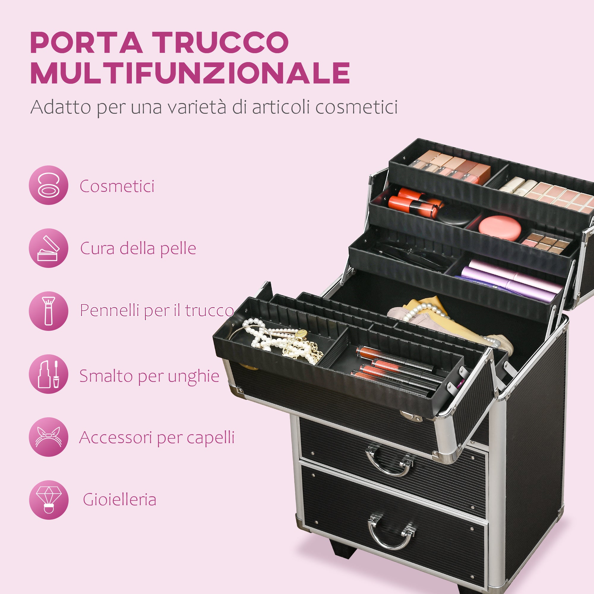 Professional Makeup Trolley Case, Lock with 2 Keys and Wheels, Black 36x23x52cm