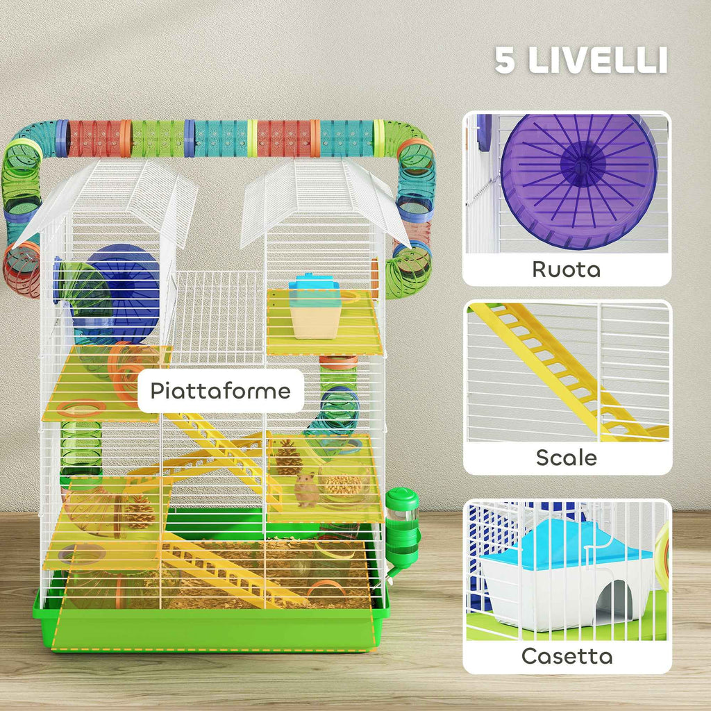 PawHut 5-Story Hamster Cage with Colorful Tubes, Wheel, House and Accessories, 47x30x59 cm, Green