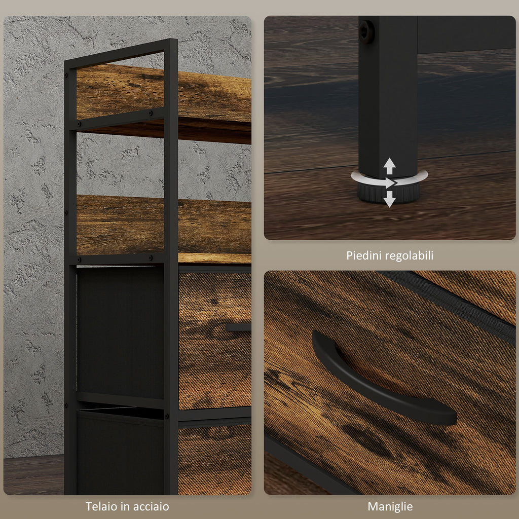 Chest of Drawers 7 Removable Drawers with 2 Shelves Industrial in Wood and Steel, 79x29x101 cm, Brown and Black