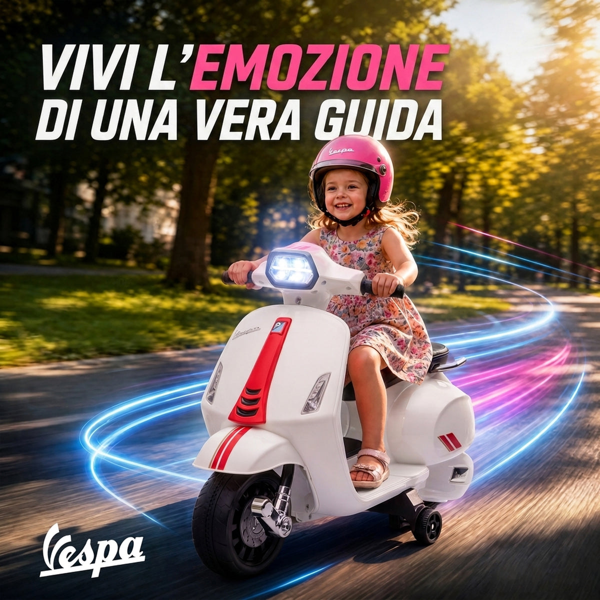 AIYAPLAY Kids Electric Motorcycle with Vespa License, 6V Rechargeable Battery, Wheels and Lights, Ages 2-4 Years, White