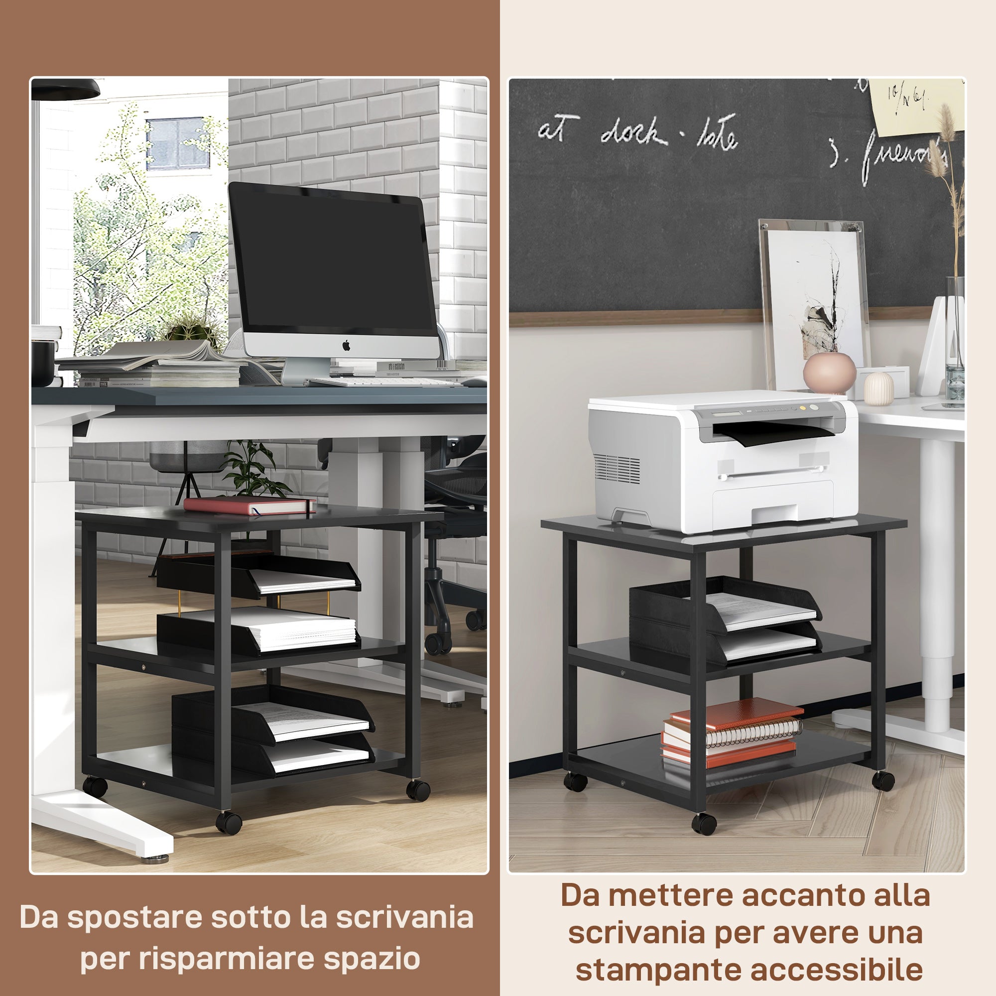 3-Tier Printer Cart with 4 Wheels, Wood and Steel, 50x50x52.5cm, Black