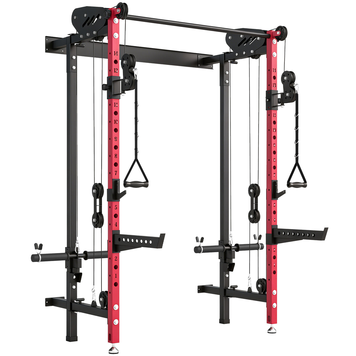 SPORTNOW Folding Power Cage, Rack with Pull-Up Bar and Cable Pulley System, Red