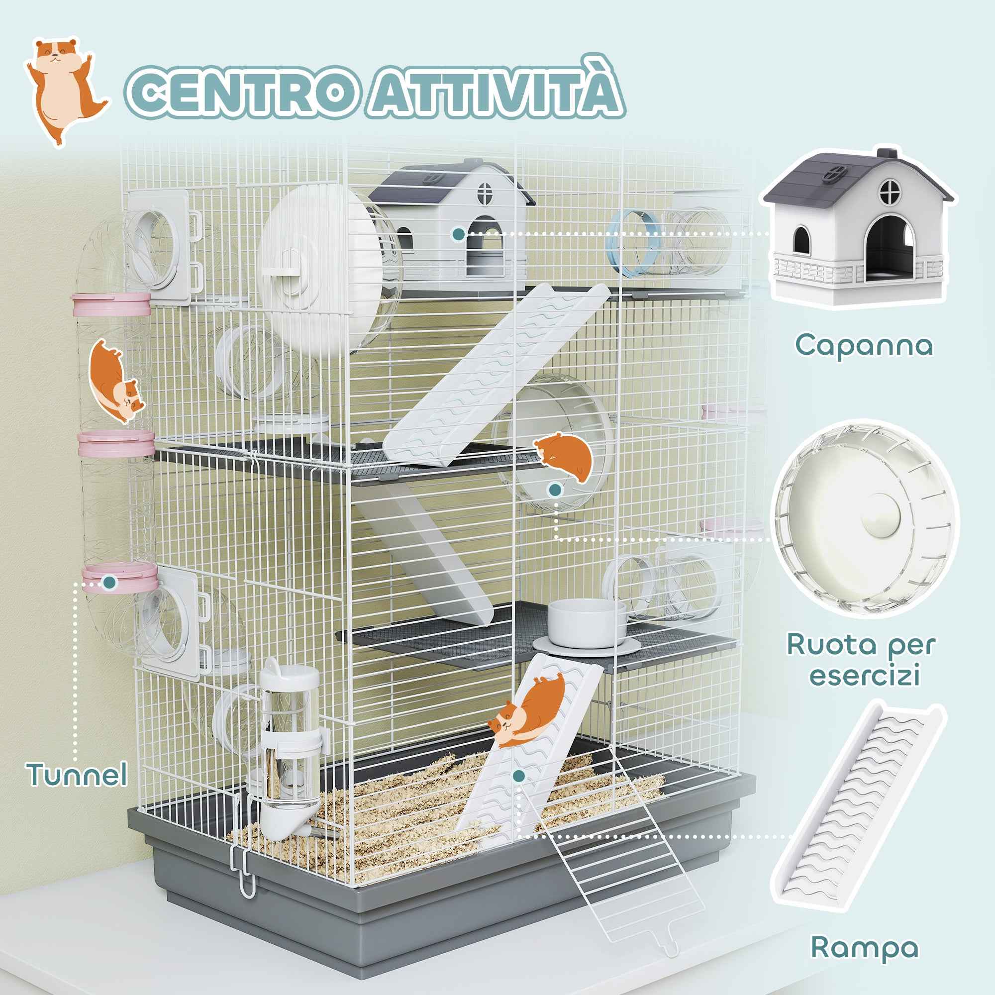 PawHut 4-Tier 16-Tube Hamster Cage with House, Ramp, and Accessories, Metal and Plastic, 47x30x70 cm, Grey