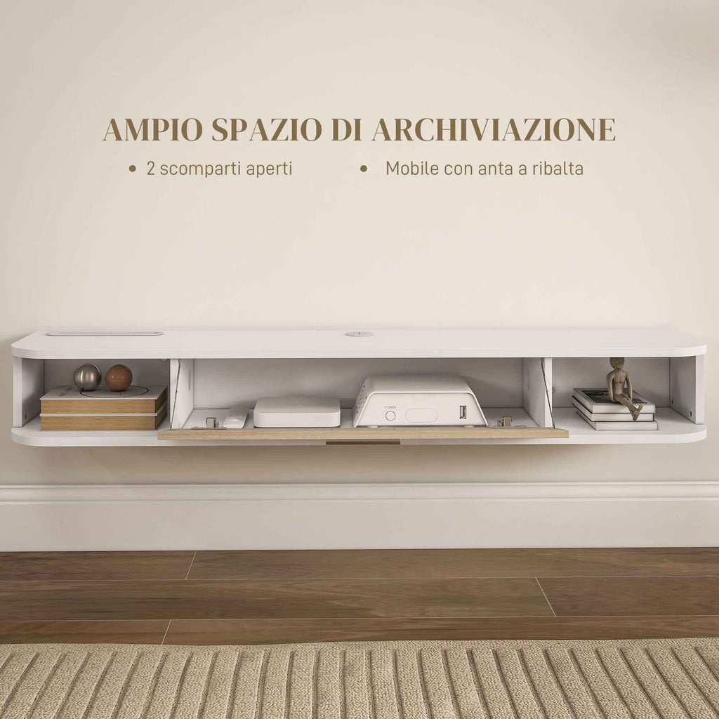 Wall Mounted Wooden TV Cabinet with 2 Open Shelves and Cabinet, 120x26x16 cm, White and Oak