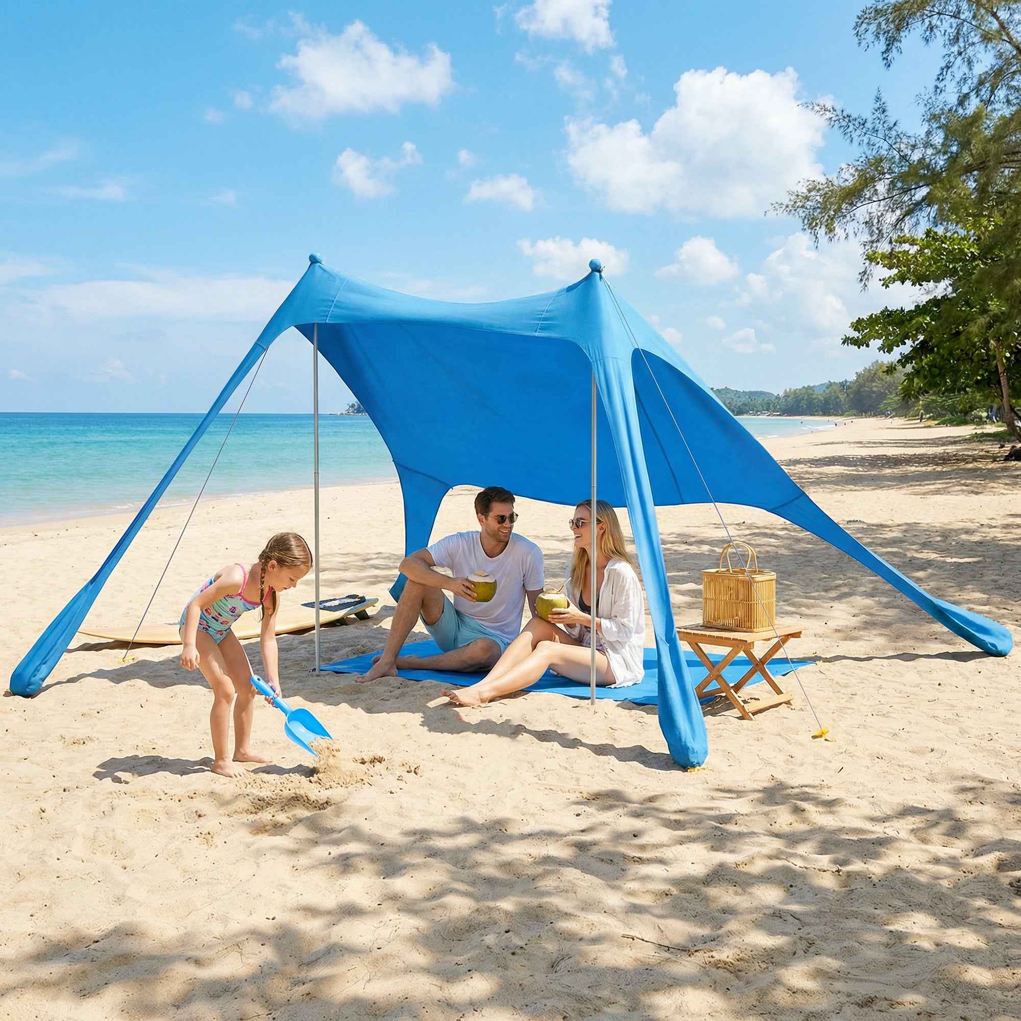 Outsunny Beach Tent 2-4 Person, Mat, Shovel, UPF50+ Sun Protection, Blue