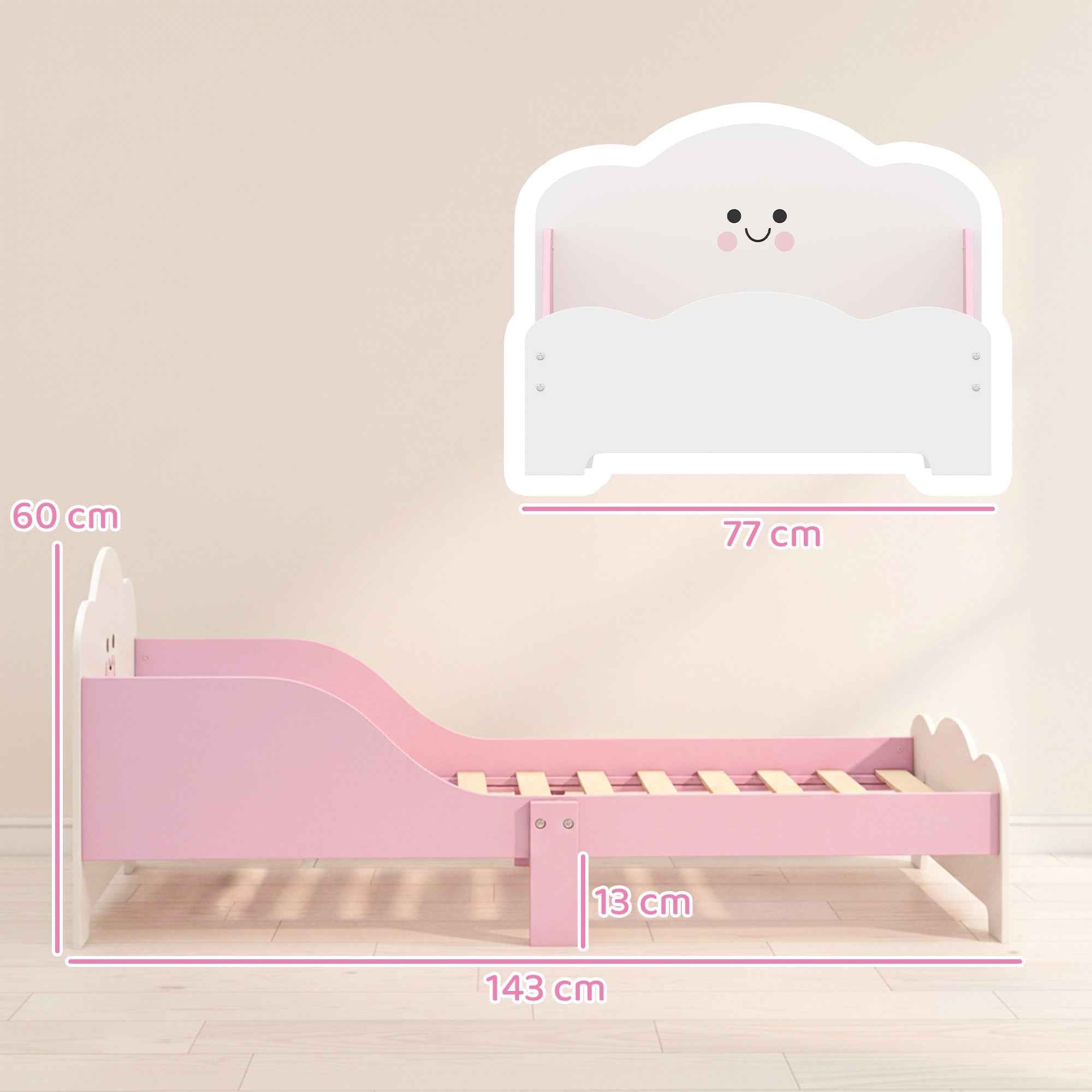 AIYAPLAY Montessori Bed for Children Ages 3-6, Wooden Bed with Raised Edges and Cute Prints, for Children's Bedroom, Pink