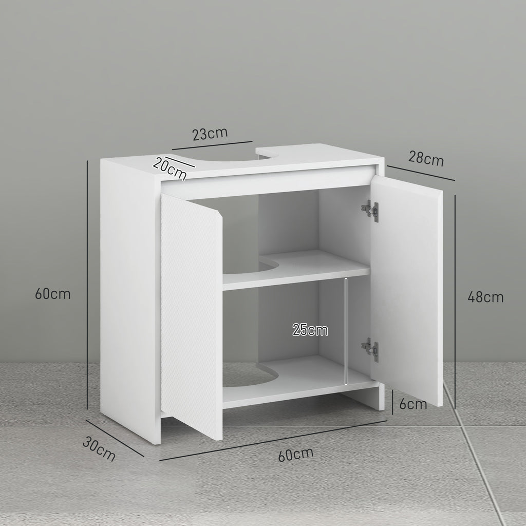 Bathroom Vanity Unit with 2 Decorated Doors and U-Cut for Pipes, 60x30x60cm, White