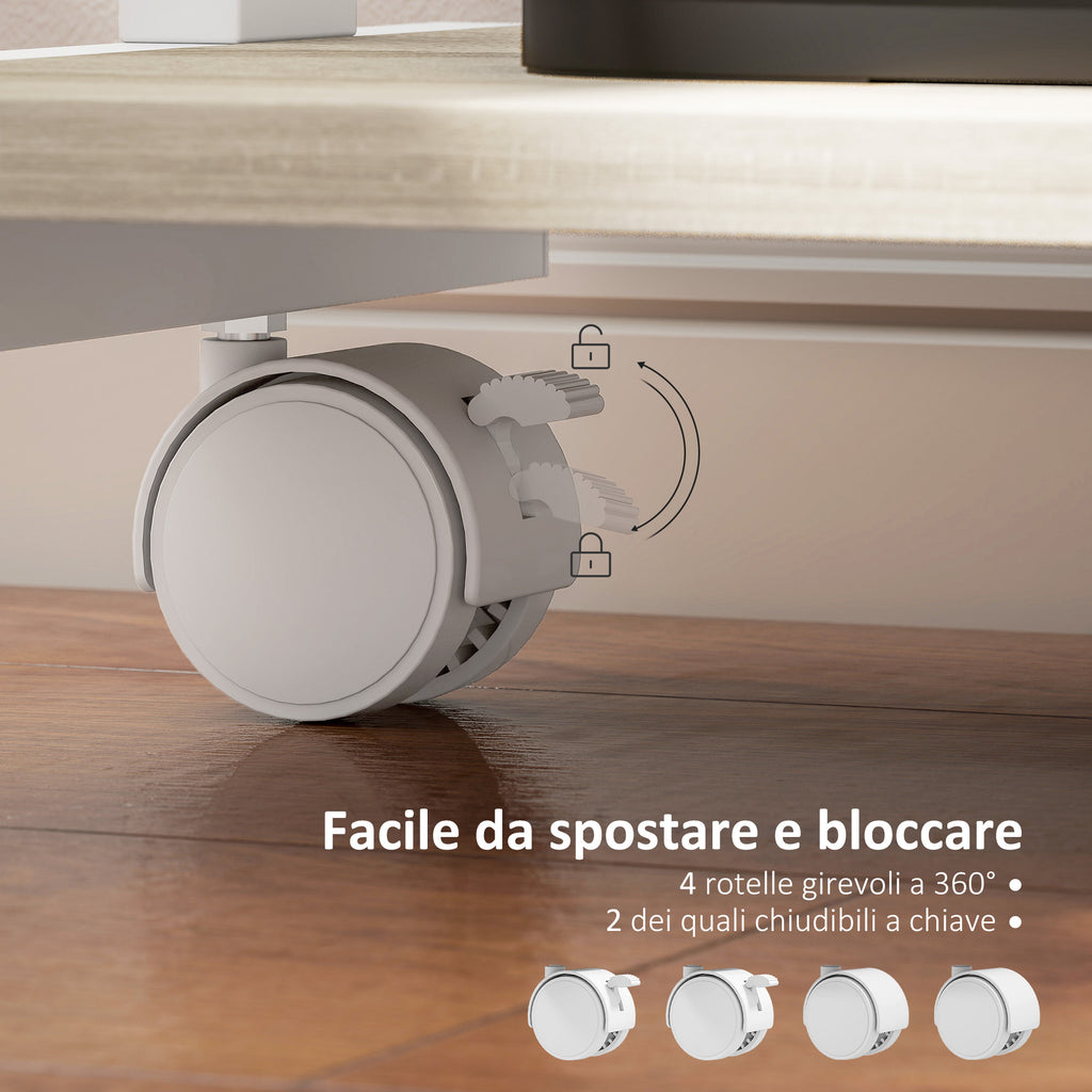 PC Desk with Sliding Drawer, 2 Shelves and 4 Wheels, in Wood and Metal, 56x51x79 cm, White and Oak