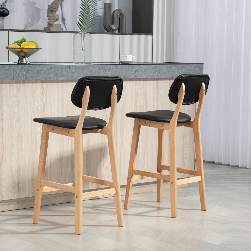 Set of 2 Bar Stools with Backrest, Faux Leather Cover and Footrest, 42x47x92cm, Black - Borgè