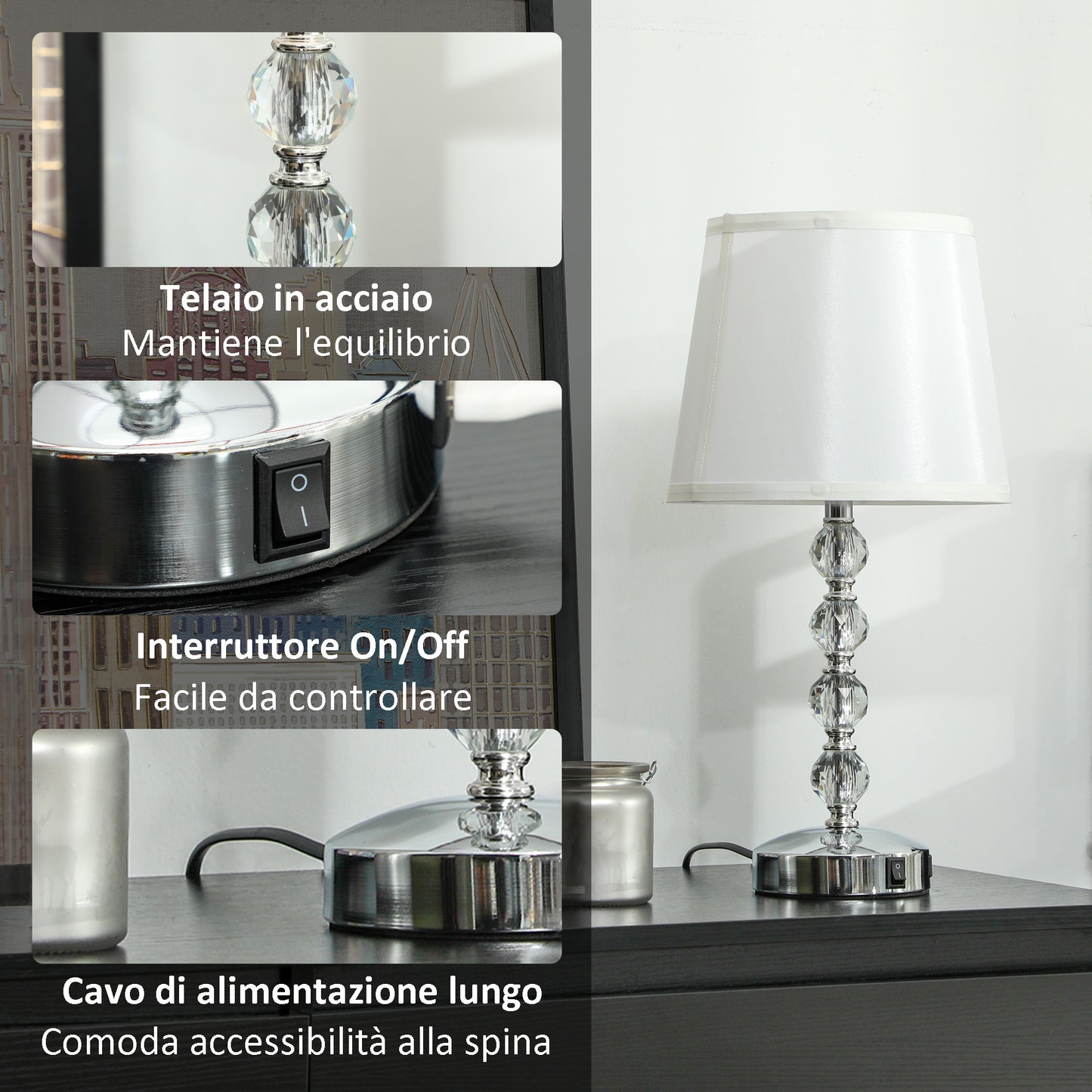 Crystal Table Lamp with USB Port, Metal, Glass and Polyester, Ø23x45 cm, White and Silver