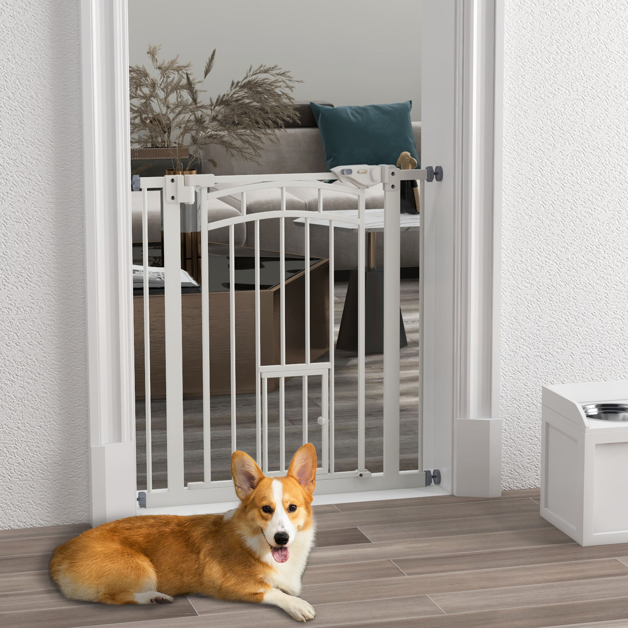 Small and Medium Dog Gate with Automatic Closing, in Steel and PA, 74-80x76 cm, White - Borgè