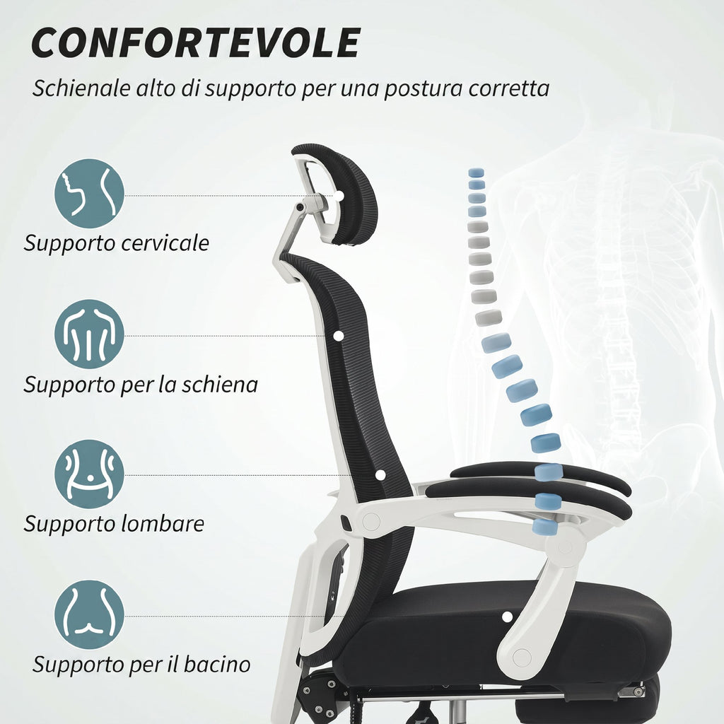 HOMCOM 135° Reclining Office Chair with Footrest, Lumbar Support, Headrest, Height-Adjustable, Mesh, Black