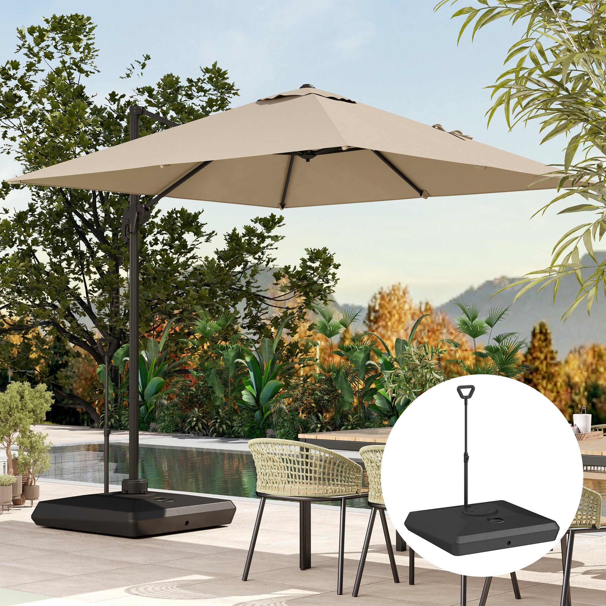 HDPE Cantilever Umbrella Base with Handle and Wheels and Fillable with Water or Sand, 95x95x117 cm, Black