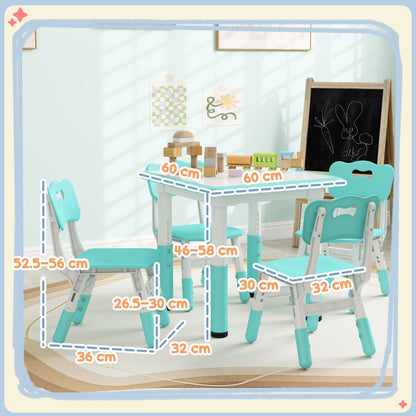 Children's Table and Chair Set 5pcs with 4 Adjustable Chairs 32x36x52.5-56 cm and Table 60x60x46-58 cm, Green