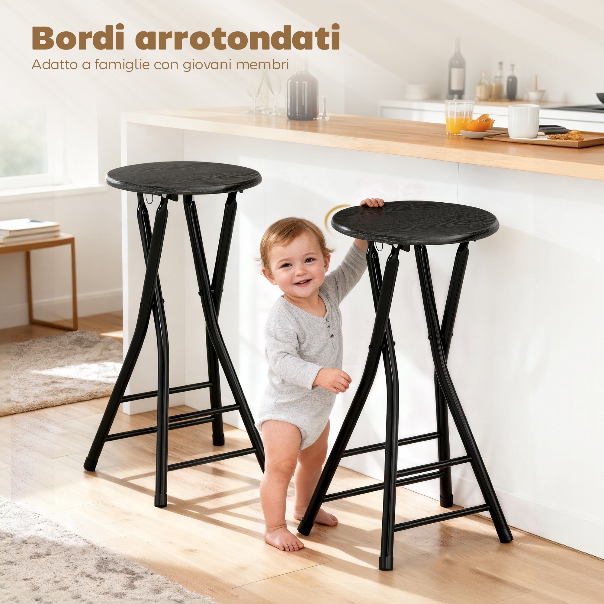 HOMCOM Set of 4 Folding Bar Stools with Double Footrest, Wood and Steel, 34x30x70 cm, Black