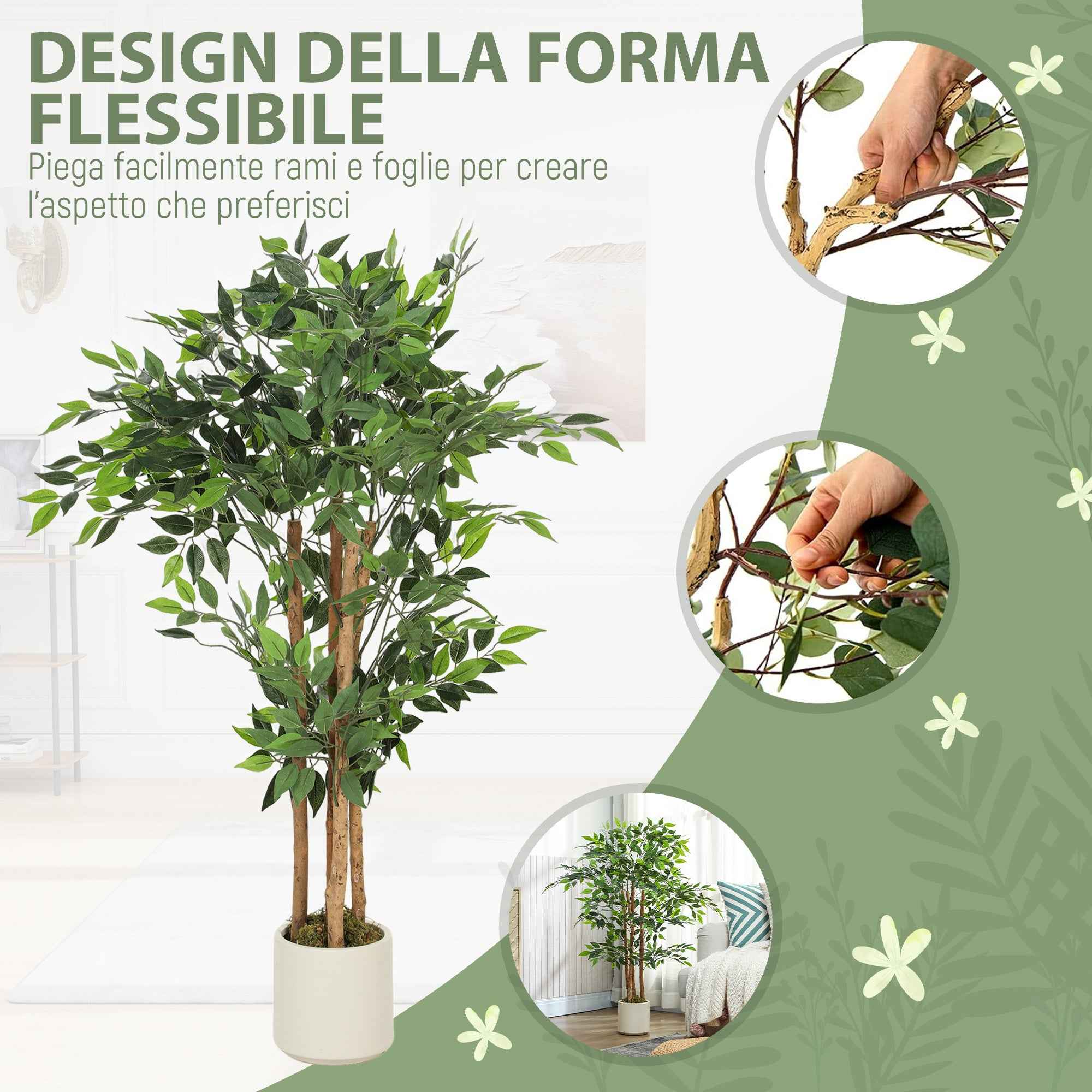 HOMCOM Artificial Green Banyan Tree Plant in PEVA and Wood with PP and Cement Container Pot, 55x55x120 cm