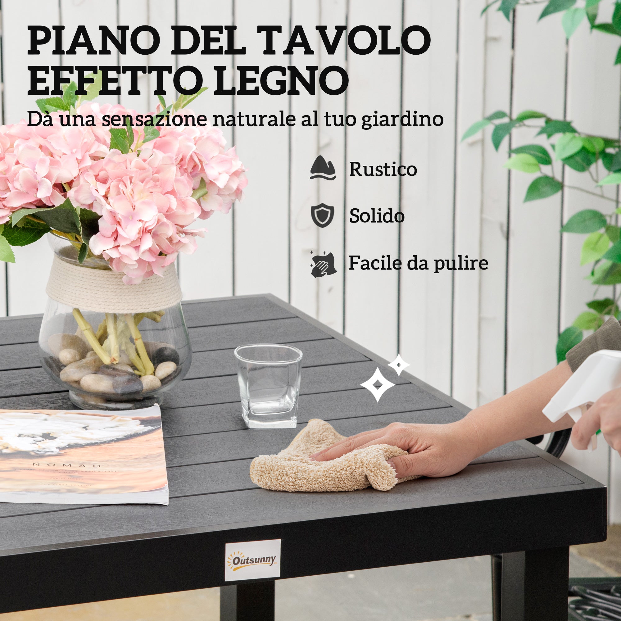 Outsunny Garden Table Wood Effect Dining Table, 78x78 cm, Black