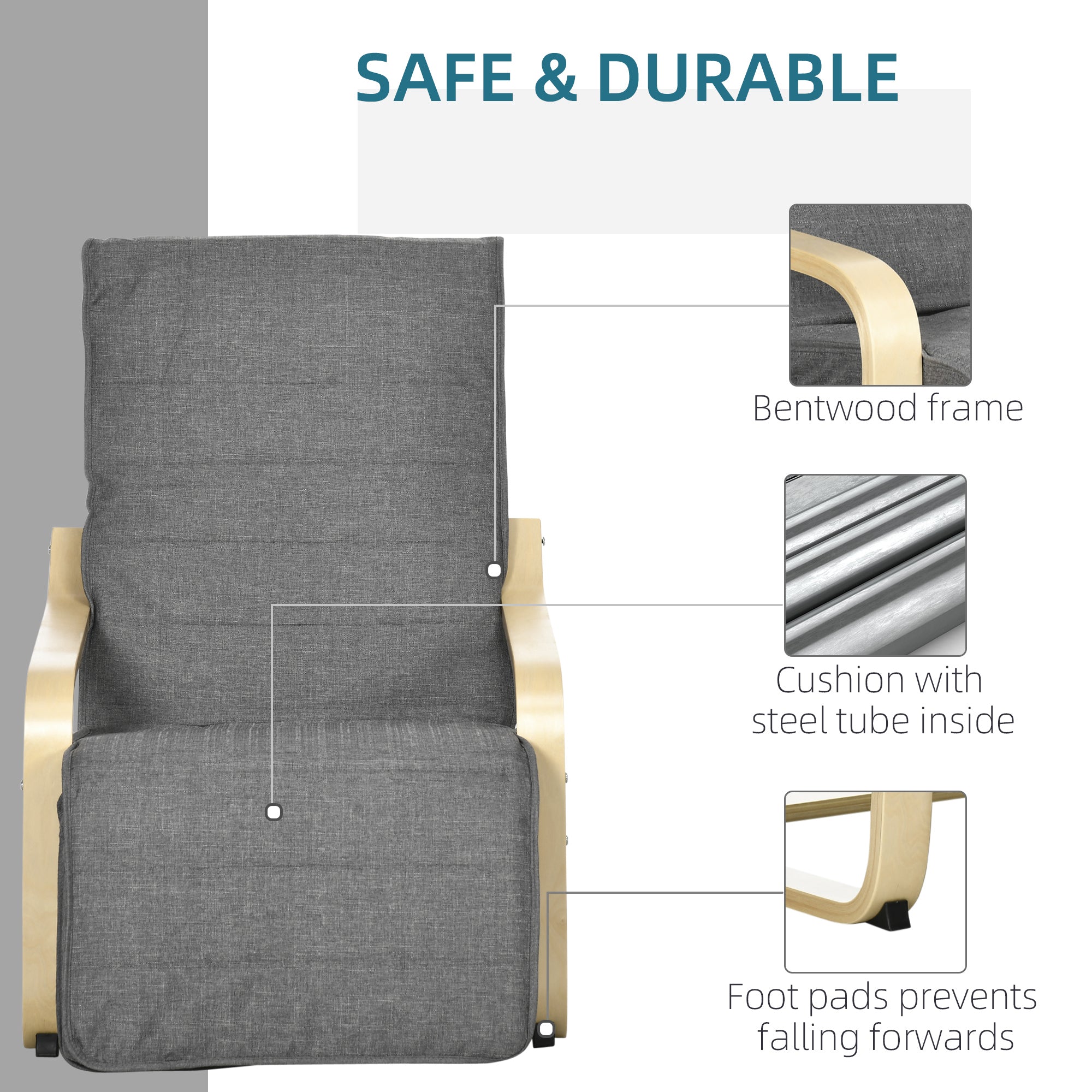 Homcom Relax armchair with 5 -level footrests and birch wood and fabric farm, gray - Borgè