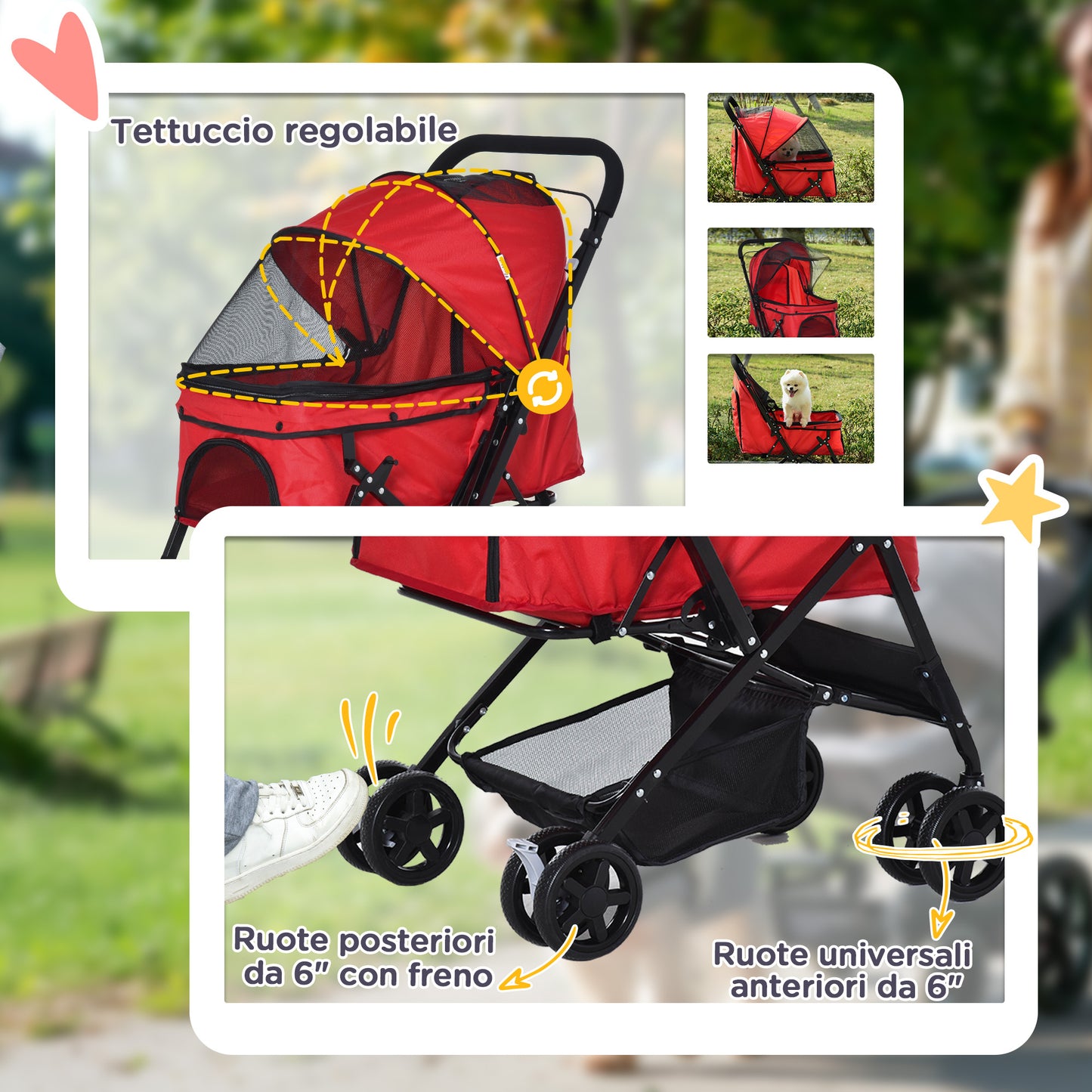 Foldable Stroller for Small Dogs with Swivel Handle and Wheels with Brakes, 76.5x52x95cm, Red