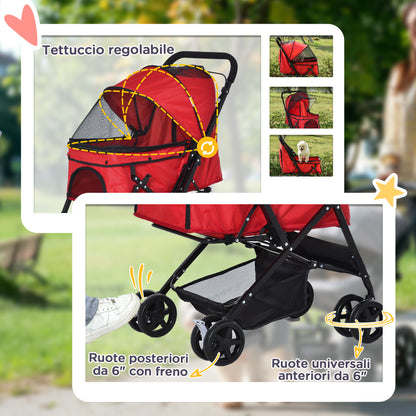 Foldable Stroller for Small Dogs with Swivel Handle and Wheels with Brakes, 76.5x52x95cm, Red