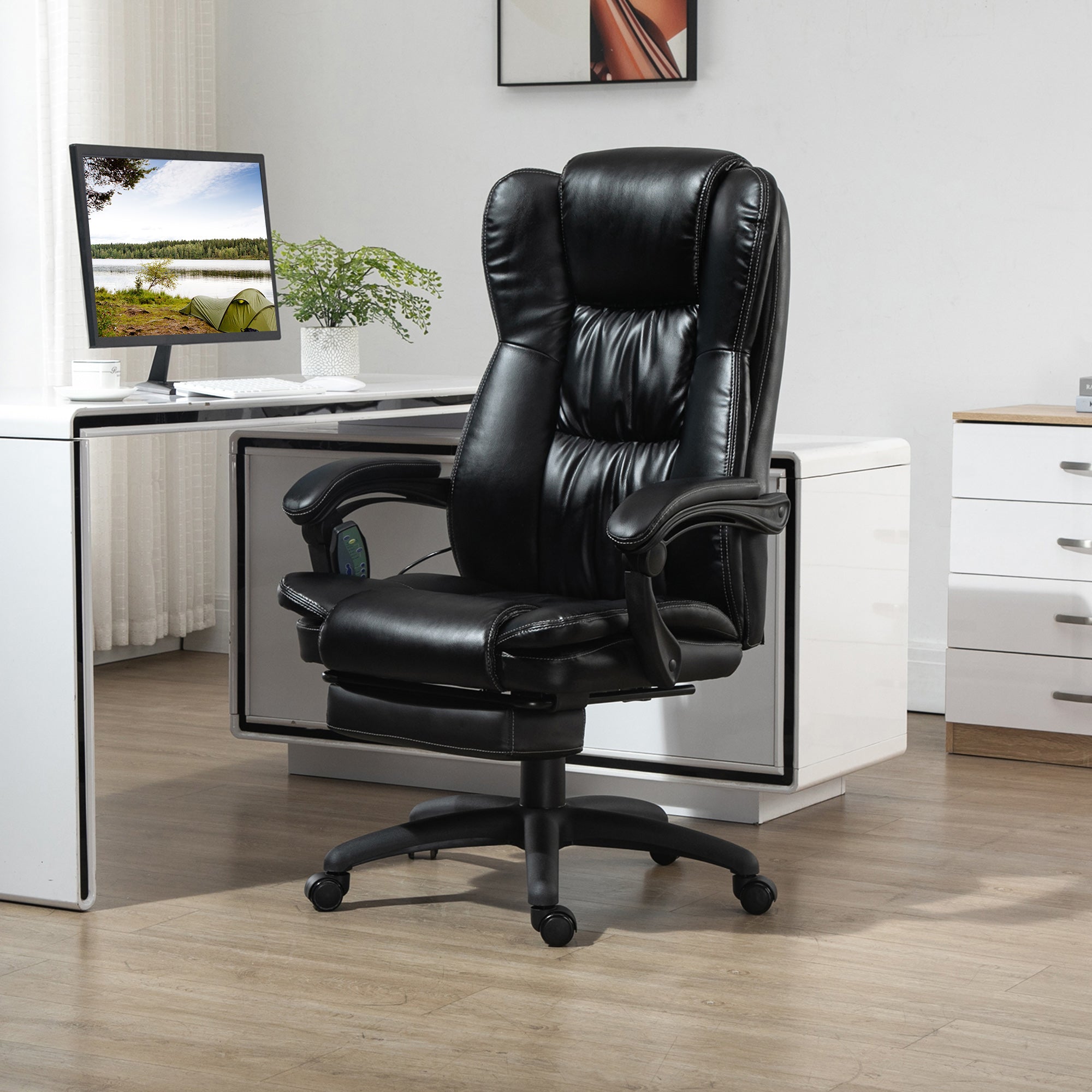 Vinsetto Height Adjustable Office Chair with 6 Massage Points, in Faux Leather, 68.5x68.5x113-121 cm, Black - Borgè