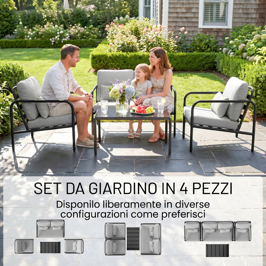 Outsunny 4-Piece Steel Garden Lounge Set with 2-Seater Sofa, 2 Armchairs and Coffee Table, Light Grey