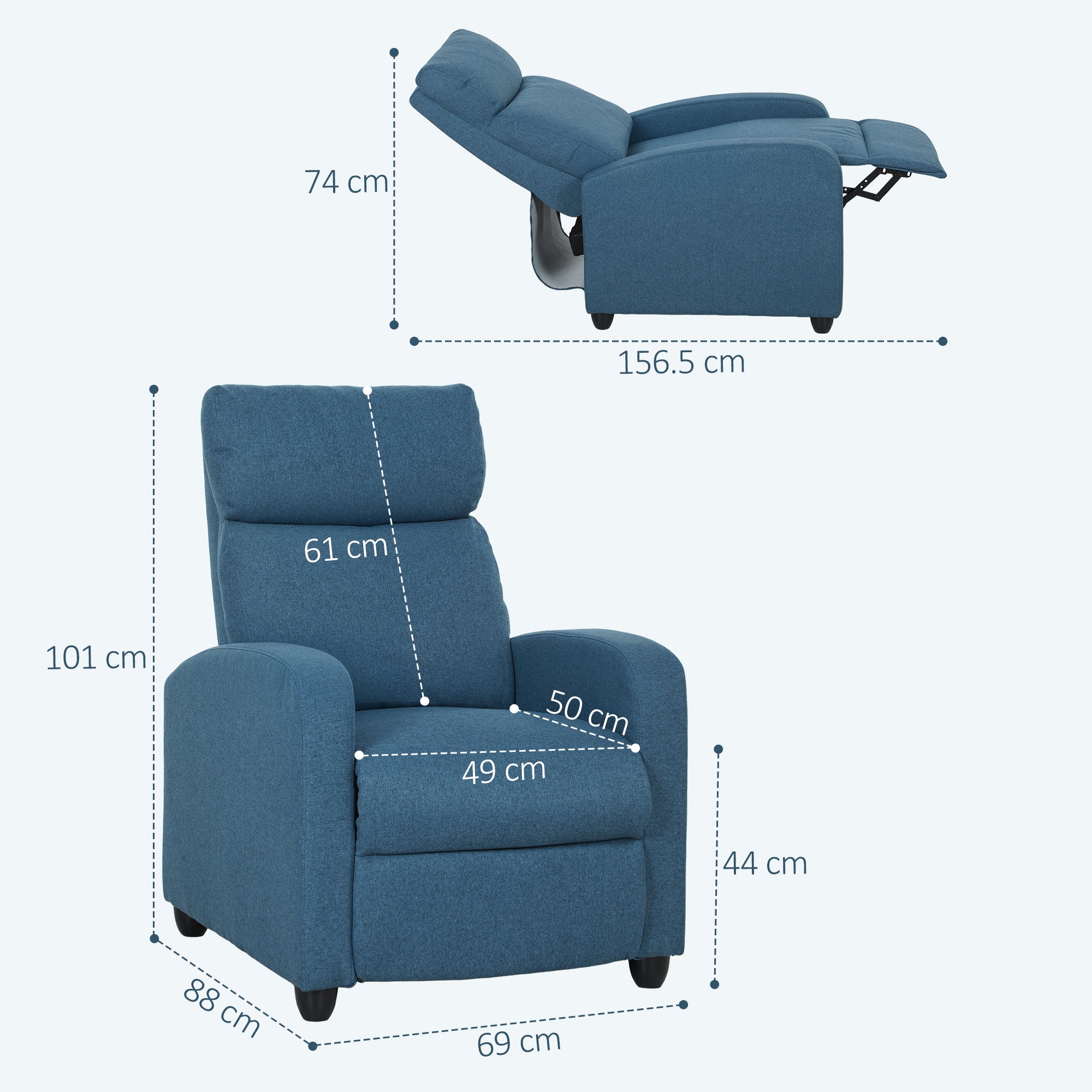 Manually Reclining Relaxing Chair with Footrest and Fabric Upholstery, Blue