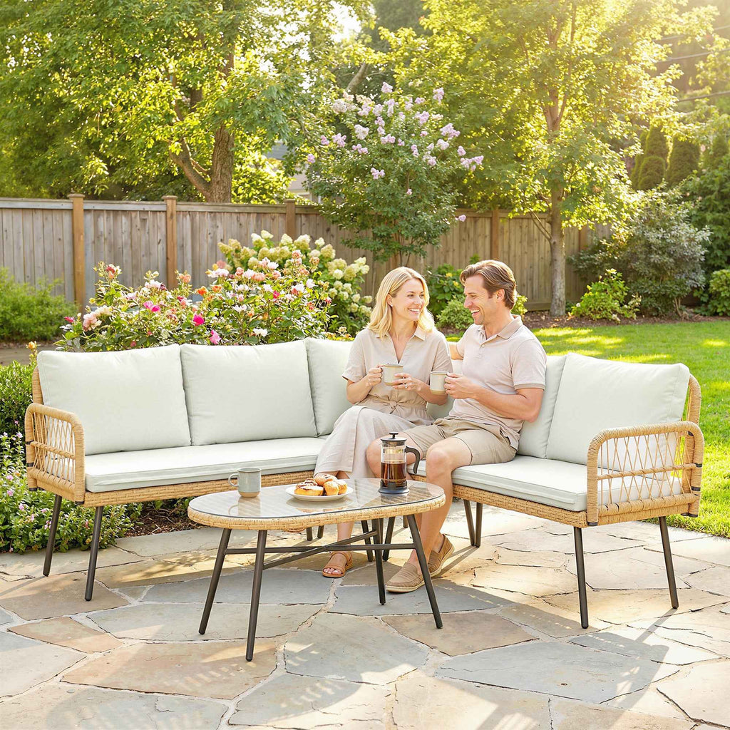 Outsunny 4-Piece Garden Lounge Set with 2 Two-Seater Sofas, Corner Sofa and Coffee Table, Steel and Rattan, Wood and Cream